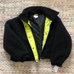 NWT - Oversized Black Sherpa Jacket w/ Lime Green Details
